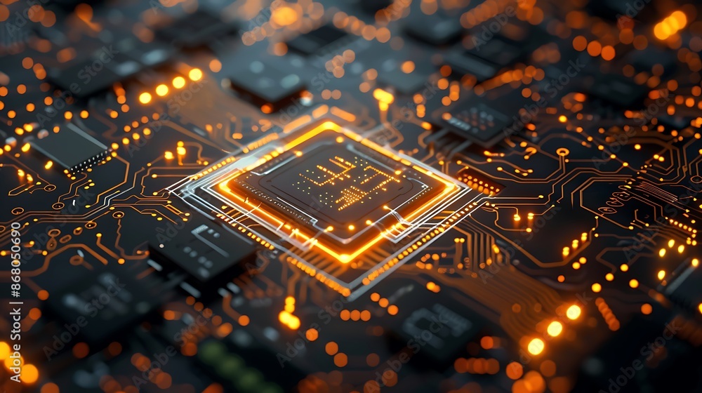 An illuminated microchip on a circuit board An illuminated microchip on a circuit board