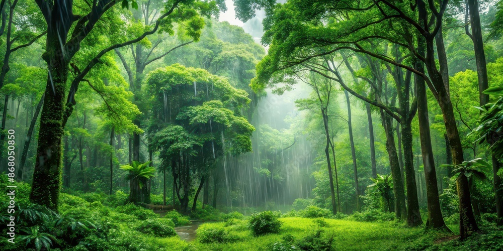 Fototapeta premium Lush green forest during a rainy day, rainforest, tropical, wet, foliage, trees, plants, humid, nature, environment