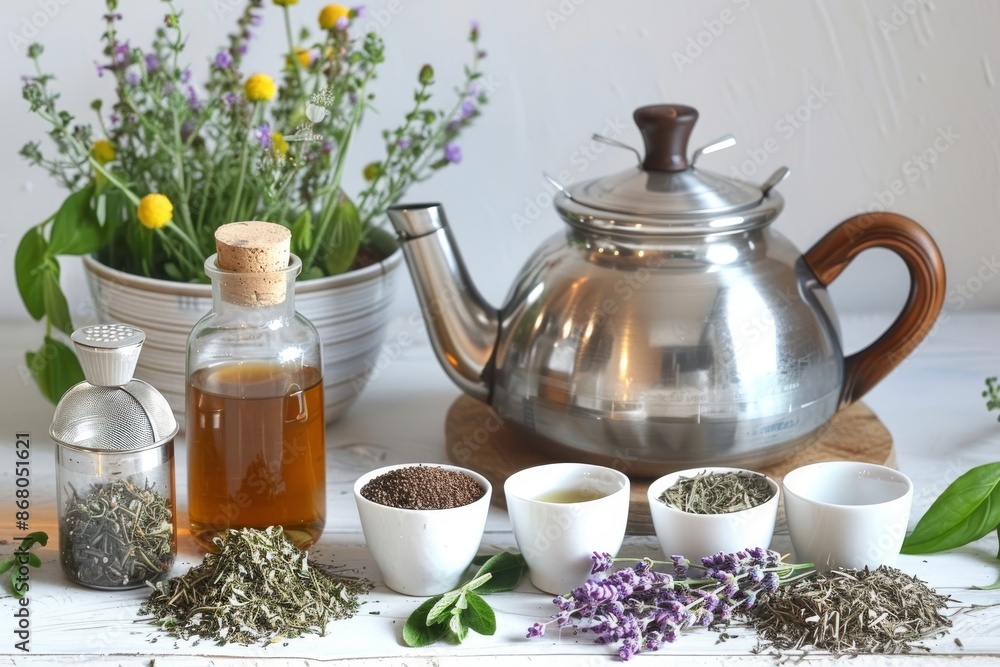 Herbal Tea Preparation with Flowers and Teapot Herbal Tea Preparation with Flowers and Teapot