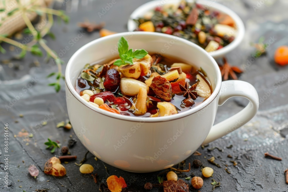 A Cup of Herbal Tea with Dried Fruits and Spices A Cup of Herbal Tea with Dried Fruits and Spices
