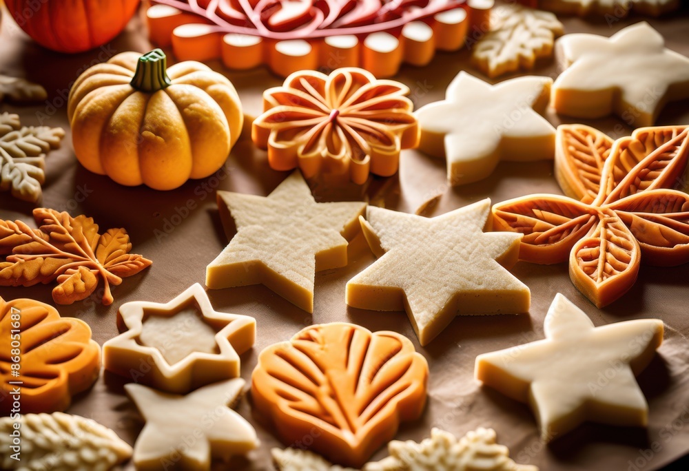 Fototapeta premium festive thanksgiving cookie cutters pressed raw dough baking, shapes, kitchen, utensils, pastry, tools, homemade, delicious, dessert, cooking, supplies