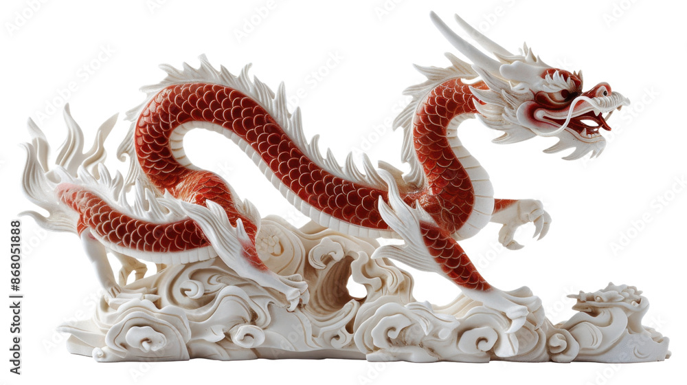 Fototapeta premium Chinese Red and White Dragon Statue on transparent background