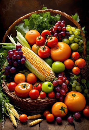 abundant cornucopia filled fresh harvest vegetables fruits, greens, produce, crops, juicy, succulent, orchard, garden, farm, market, seasonal, nutritious, organic