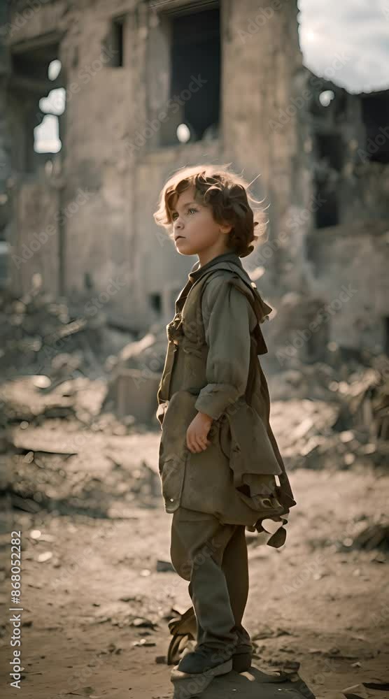 A shabby and dirty child stands still, facing away, in the ruins of a war-torn city A shabby and dirty child stands still, facing away, in the ruins of a war-torn city