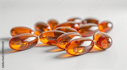 A Scattering of Amber-Colored Vitamin E Capsules on a White Marble Surface