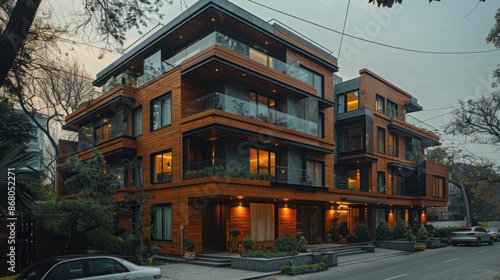 A large brown building with a lot of windows and a balcony. The building is surrounded by trees and parked cars