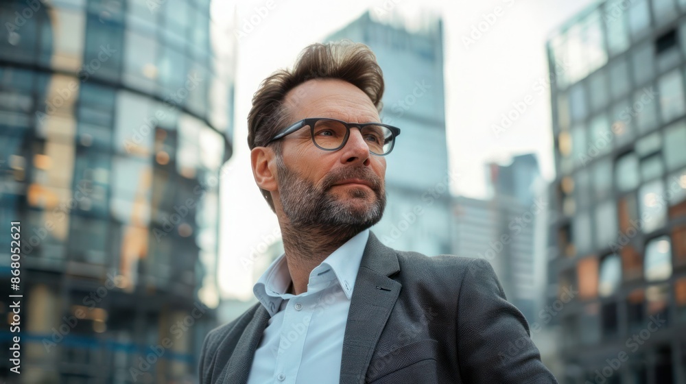 Portrait of a 40 years old man, light unshaven, casual business style with suit shirt but no tie , modern city background. Portrait of a 40 years old man, light unshaven, casual business style with suit shirt but no tie , modern city background.