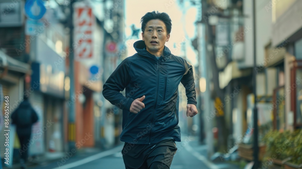 Fototapeta premium 35 years old Asian male running in the street front face view. 