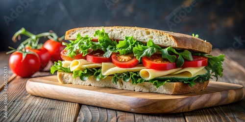 Fresh and healthy vegetarian sandwich with cheese, tomato, and mixed greens , food, cheese, tomato, bread, vegetable, salad