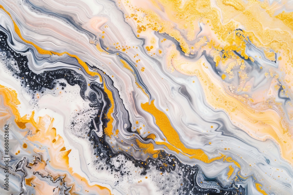 Abstract marble background with yellow and grey pattern. Liquid marble texture