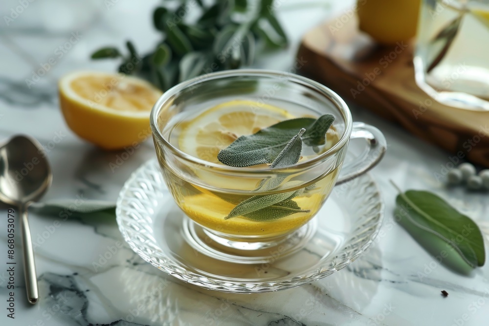 Sage Tea with Lemon Slice in Glass Cup on White Marble Sage Tea with Lemon Slice in Glass Cup on White Marble