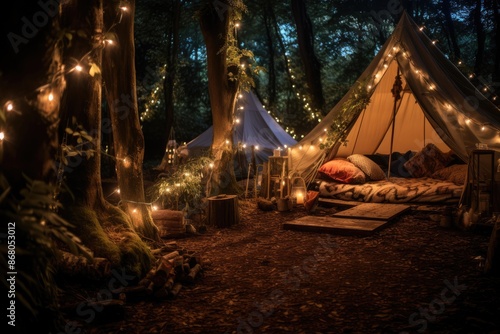 Enchanted Forest Campsite: Set up a magical campsite in the heart of an enchanted forest with twinkling fairy lights. © OhmArt