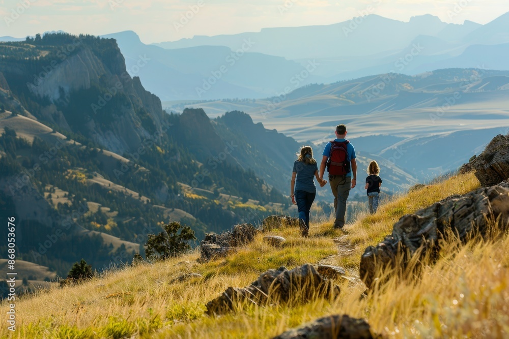 Family Hiking on a Mountain Trail with Scenic View Family Hiking on a Mountain Trail with Scenic View