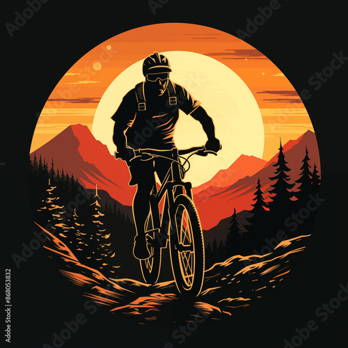  t-shirt design of an ultra minimalist mountain biker in the mountains at sunset