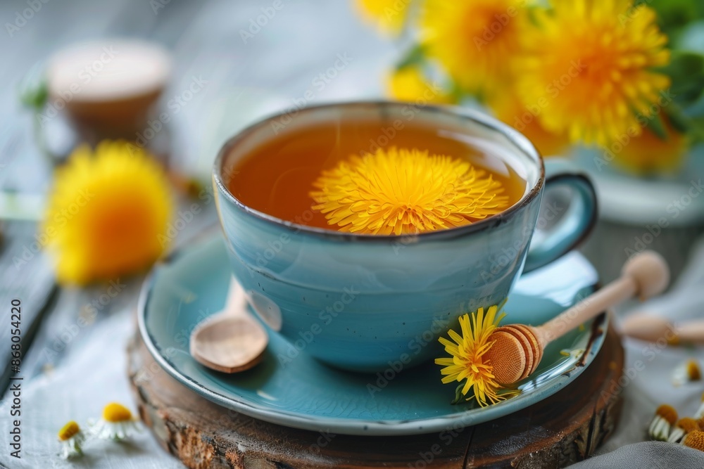 Dandelion Tea in a Blue Cup on Rustic Table Dandelion Tea in a Blue Cup on Rustic Table