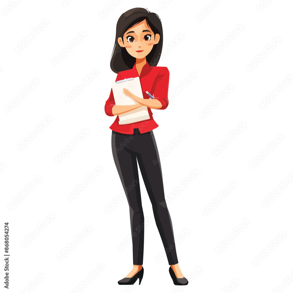 vector Happy Asian female teacher standing with notepad on white background vector Happy Asian female teacher standing with notepad on white background