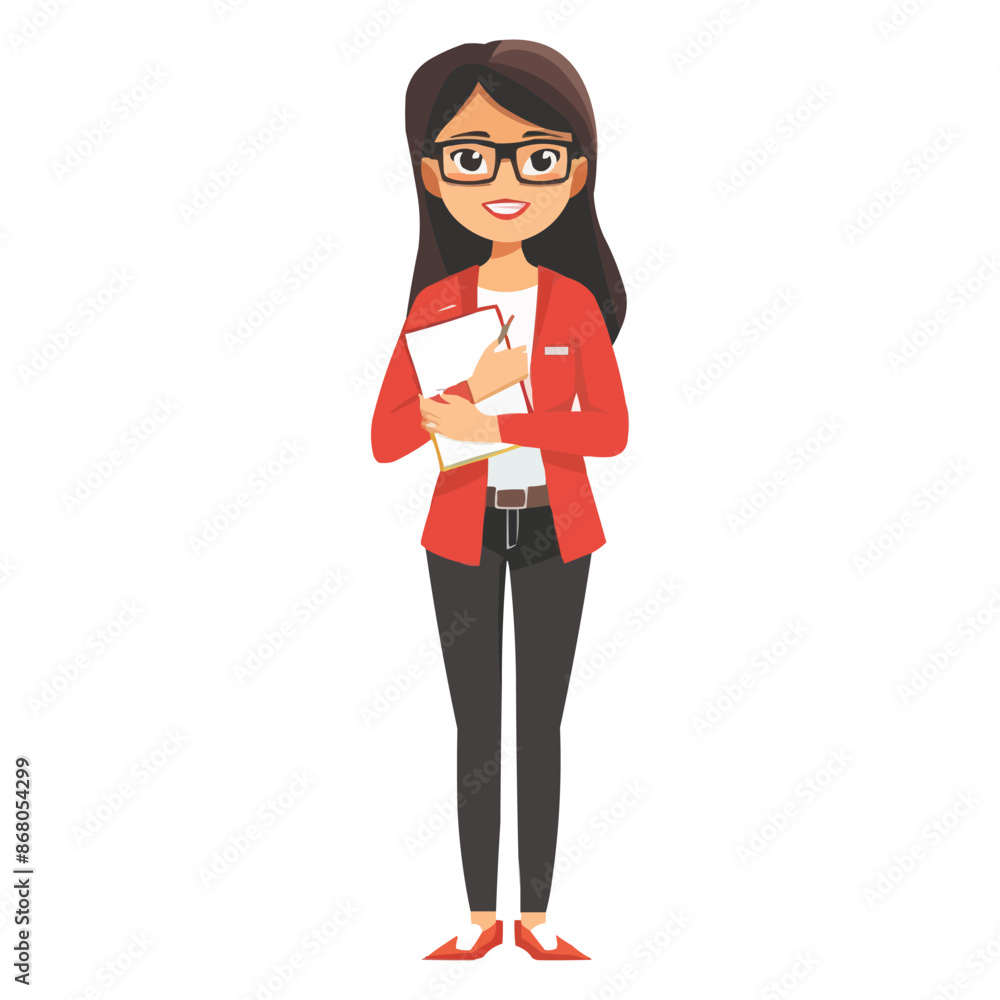 vector Happy Asian female teacher standing with notepad on white background vector Happy Asian female teacher standing with notepad on white background