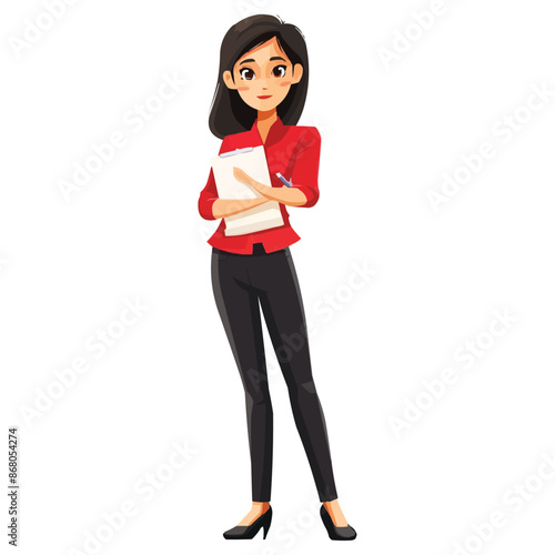 vector Happy Asian female teacher standing with notepad on white background