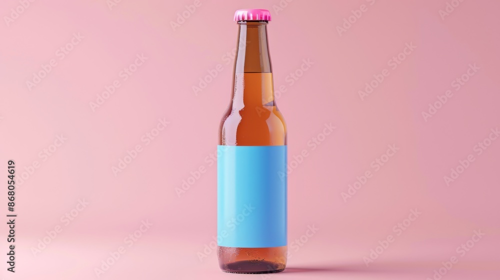 Brown beer bottle with blue label on pink background, minimalistic design concept Brown beer bottle with blue label on pink background, minimalistic design concept