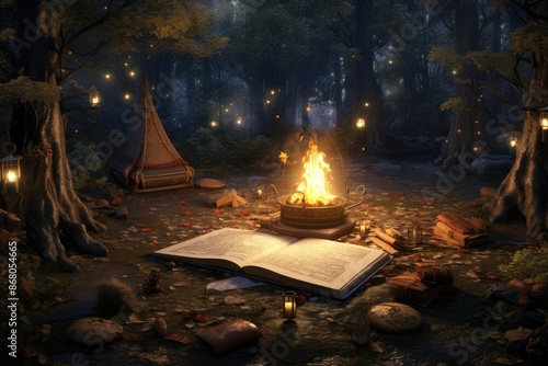 Sorcerer's Spellbook Campsite: Camp around a giant spellbook casting magical light.