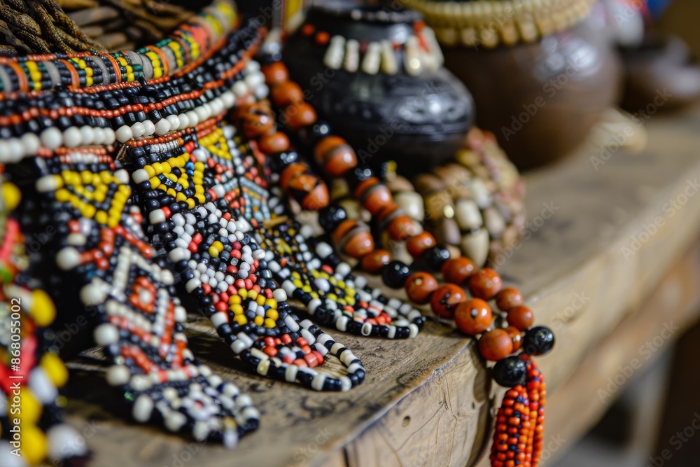 Close-Up of Vibrant Beaded Necklaces on Wooden Surface Close-Up of Vibrant Beaded Necklaces on Wooden Surface