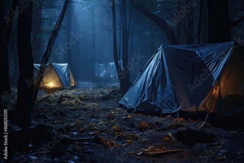 Haunted Woods Camping: Tents in a spooky forest with ghostly apparitions.