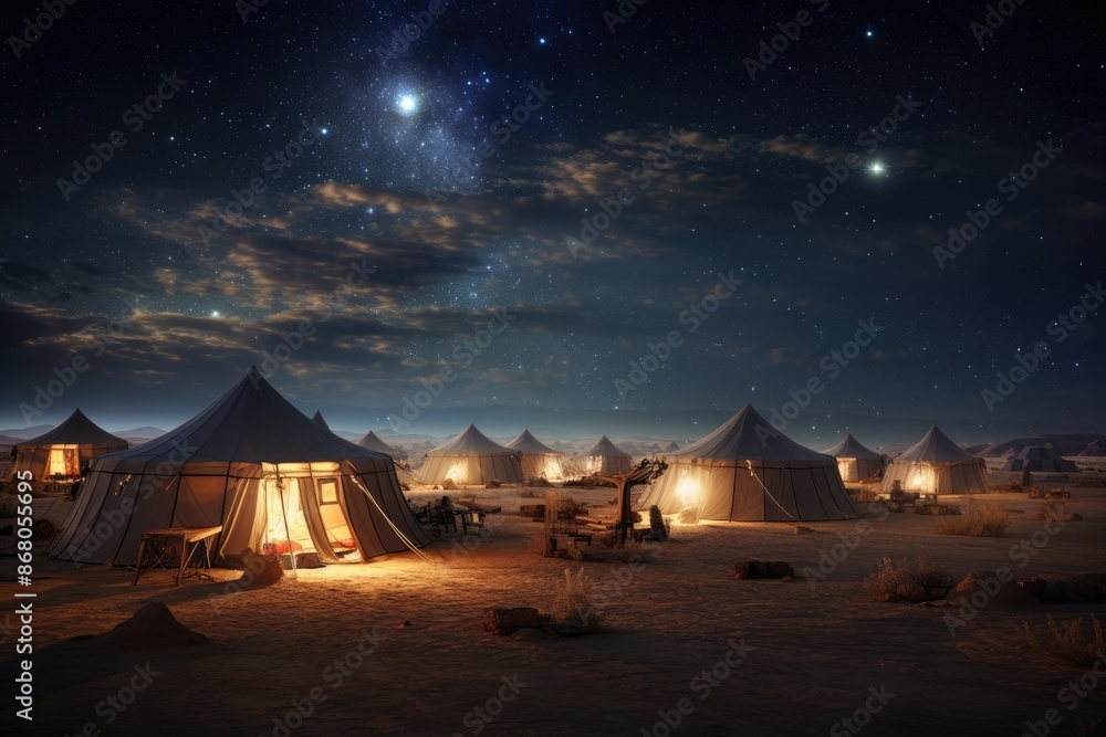 Galactic Desert Camp: Camp in a desert under a sky filled with galaxies. Galactic Desert Camp: Camp in a desert under a sky filled with galaxies.
