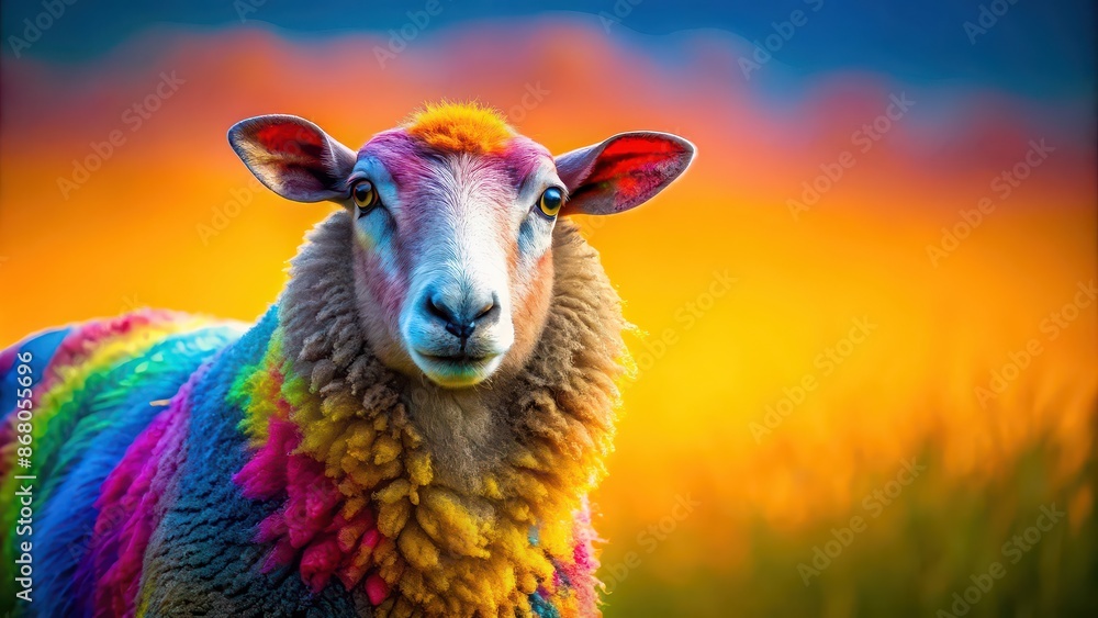 Fototapeta premium Colorful and vibrant sheep standing in front of a shining background, sheep, colorful, vibrant, shining, backdrop, animal, farm