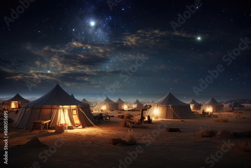 Galactic Desert Camp: Camp in a desert under a sky filled with galaxies.