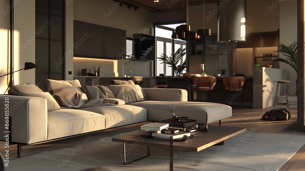 Modern spacious living room with an open layout, featuring stylish furniture and well-coordinated decor. Modern spacious living room with an open layout, featuring stylish furniture and well-coordinated decor.