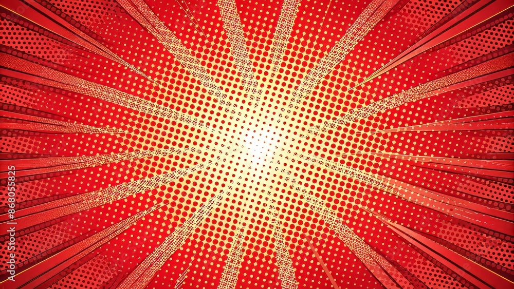 Obraz premium Vibrant red comic book-inspired background with dot pattern halftone effect, featuring abstract vintage design for superhero-themed text overlays.