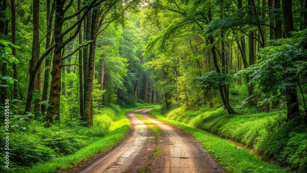 Dirt road winding through a vibrant green forest , Nature, trees, foliage, path, road, trail, woodland, wilderness Dirt road winding through a vibrant green forest , Nature, trees, foliage, path, road, trail, woodland, wilderness