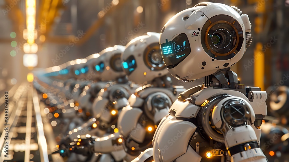Robots in a factory line working together Robots in a factory line working together