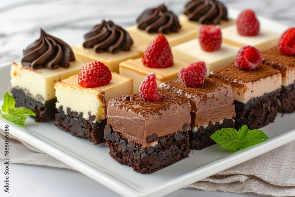 Assortment of Delicious Cheesecakes and Brownies with Raspberry Toppings Assortment of Delicious Cheesecakes and Brownies with Raspberry Toppings