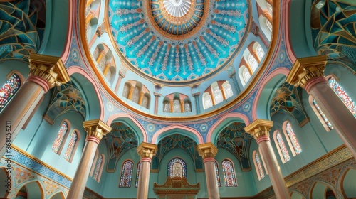 Interior Dome: banner background of Mosque Day theme banner design for microstock, no text, and wide copy space, Interior Dome: The inside view of a mosqueâ€™s dome, for banner