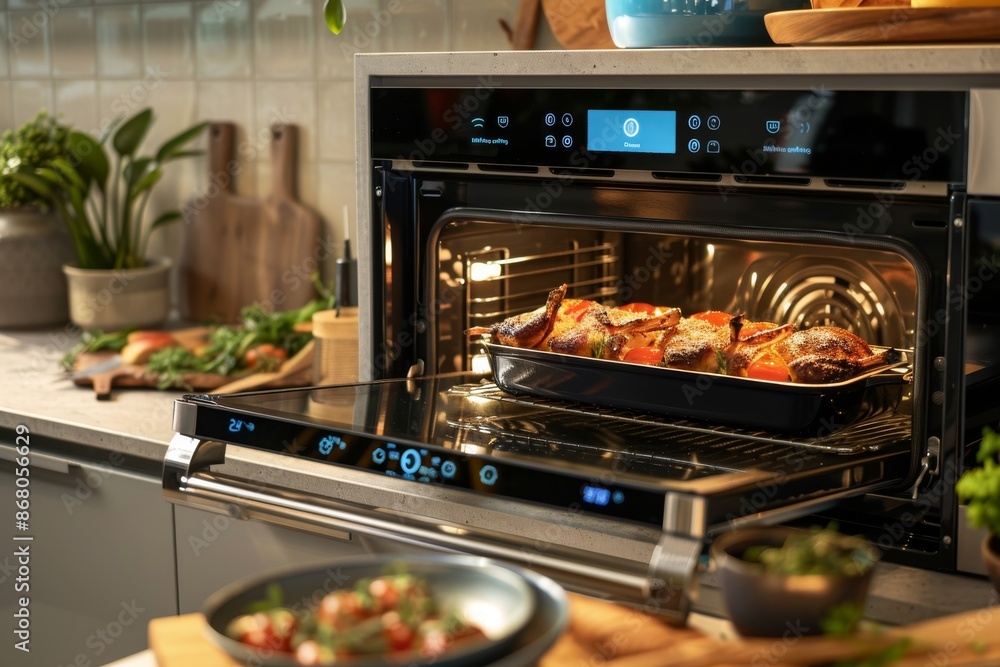 Roasted Chicken in Modern Oven with Digital Display Roasted Chicken in Modern Oven with Digital Display