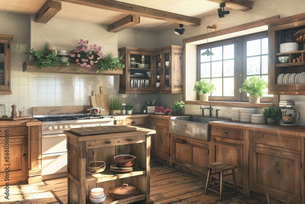 Rustic Farmhouse Kitchen Interior With Wooden Cabinets and Farmhouse Sink Rustic Farmhouse Kitchen Interior With Wooden Cabinets and Farmhouse Sink
