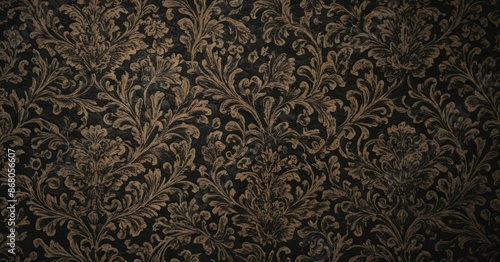 A close-up of a textured black fabric with a repeating gold floral pattern