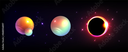 3d set planet. Solar eclipse, moon phase. Bright isolated celestial bodies on a dark background . Starry cosmic sky