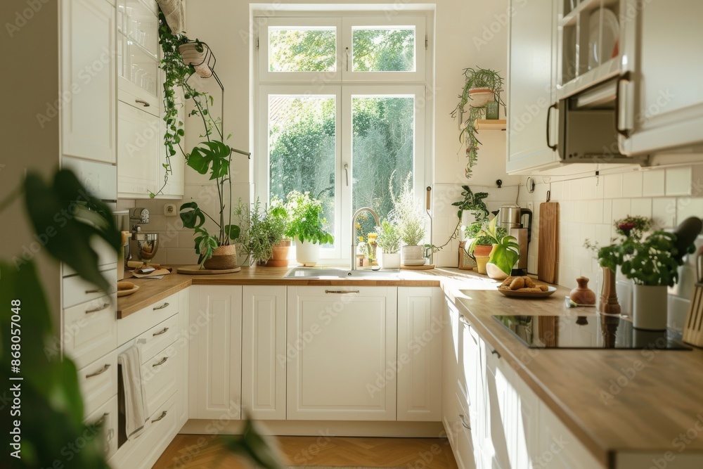Modern White Kitchen With Large Window and Potted Plants Modern White Kitchen With Large Window and Potted Plants