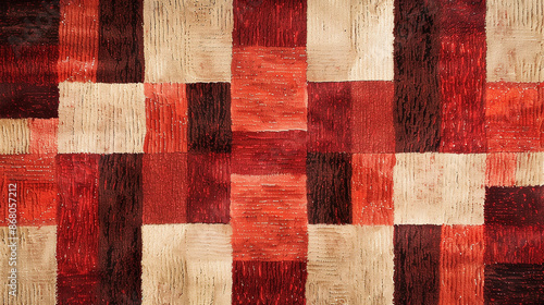 vintage rug of red and beige with a abstract pattern of squares and circle