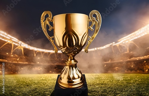 Closeup sleek golden sports tropy prize cup stadium background night time celebration and smoky background photo