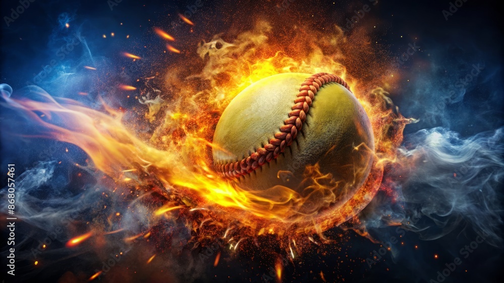 custom made wallpaper toronto digitalVibrant flaming softball in mid-air surrounded by sparks and wisps of smoke against a dark mysterious black background atmosphere.