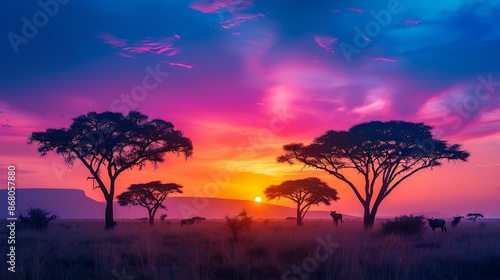 A breathtaking sunset over the Serengeti, casting vibrant colors across the vast landscape and highlighting the acacia trees and wildlife.