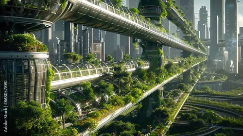 A futuristic city with lush greenery integrated into its architecture, showcasing a sustainable and harmonious urban environment. photo