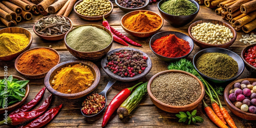 A close-up image of a variety of colorful spices and herbs on a wooden table, culinary, seasoning, flavorful A close-up image of a variety of colorful spices and herbs on a wooden table, culinary, seasoning, flavorful