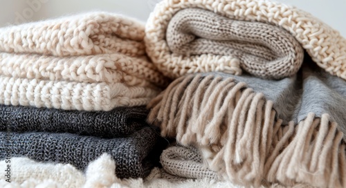 Stack of Cozy Blankets on a White Couch in a Living Room