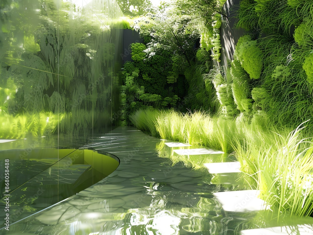 A serene pathway winds through a lush, green garden with a reflecting pool and vibrant foliage. A serene pathway winds through a lush, green garden with a reflecting pool and vibrant foliage.