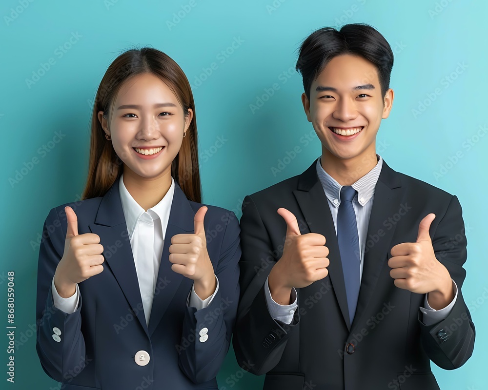Asian business colleagues, a male and female, giving thumbs up with joyful expressions in a modern office setting. Asian business colleagues, a male and female, giving thumbs up with joyful expressions in a modern office setting.