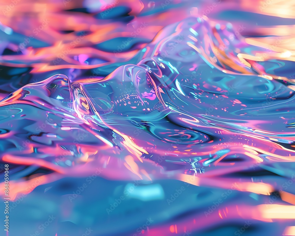 Obraz premium Abstract iridescent liquid surface with vibrant blue and pink hues.